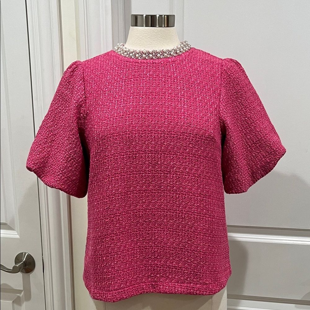 New! Voy Faux Pearl Trim Neck Bubble Sleeve Tweed Top‎ --PRETTY in PINK Size S